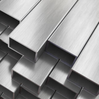 Aluminium or steel profiles for windows manufacturing. Stack of aluminium or steel profiles in warehouse. 3d illustration