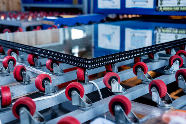 Conveyor belt for production a window pane. Industrial equipment. Background Conveyor belt for production a window pane. Industrial equipment. Background